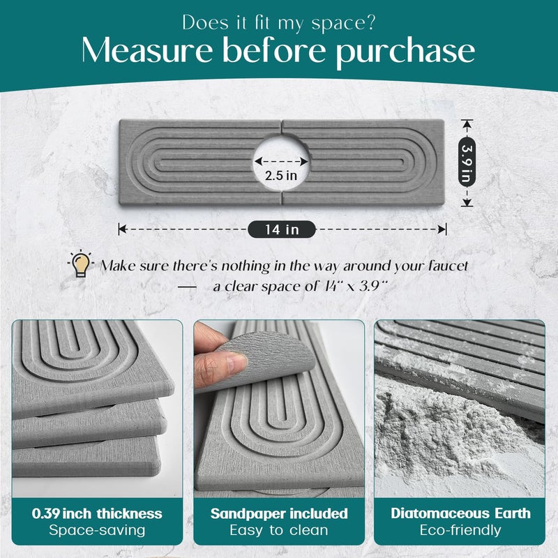 eormoe Diatomite Kitchen Faucet Mat - 14Inch Water Absorbing Stone Tray for Sink, Stone Fast-Drying Faucet Mat for Kitchen Counter Sink Accessories (Grey, 14'' x 3.9'') - Image 2